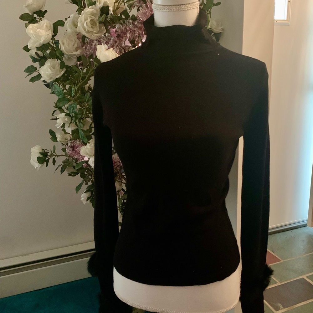 Koji Yohji long sleeve fur trim turtleneck sweater top black Y2K